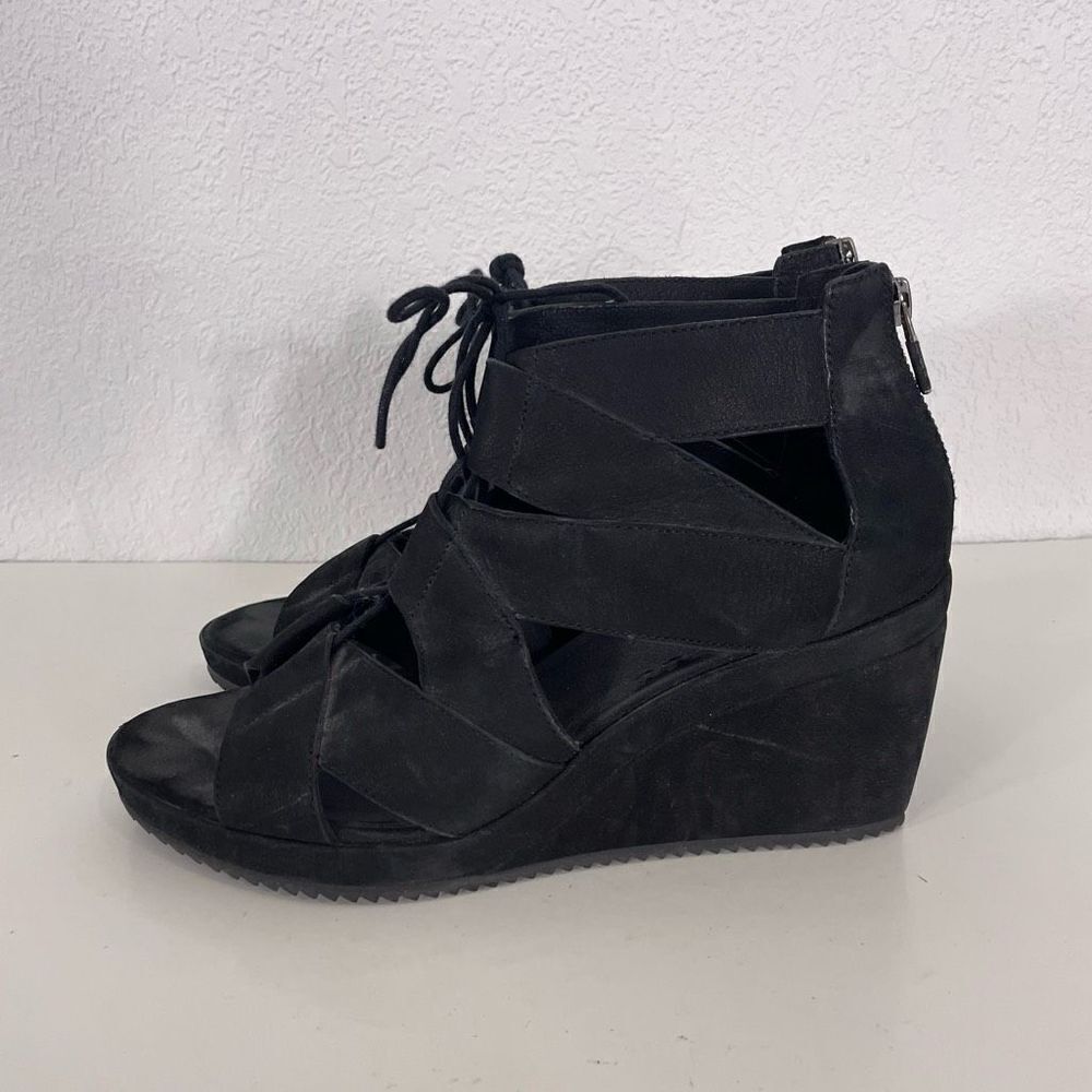 Eileen Fisher Black Cut Out Lace Up‎ Wedge Sandals size 9.5